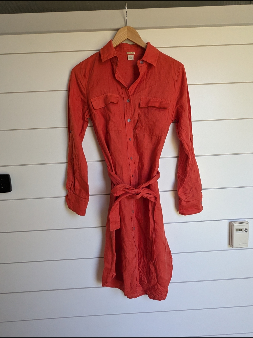 Magaschoni 100% Linen Shirt Dress Long Sleeve Small Spice Orange Belted Waist - Picture 3 of 10